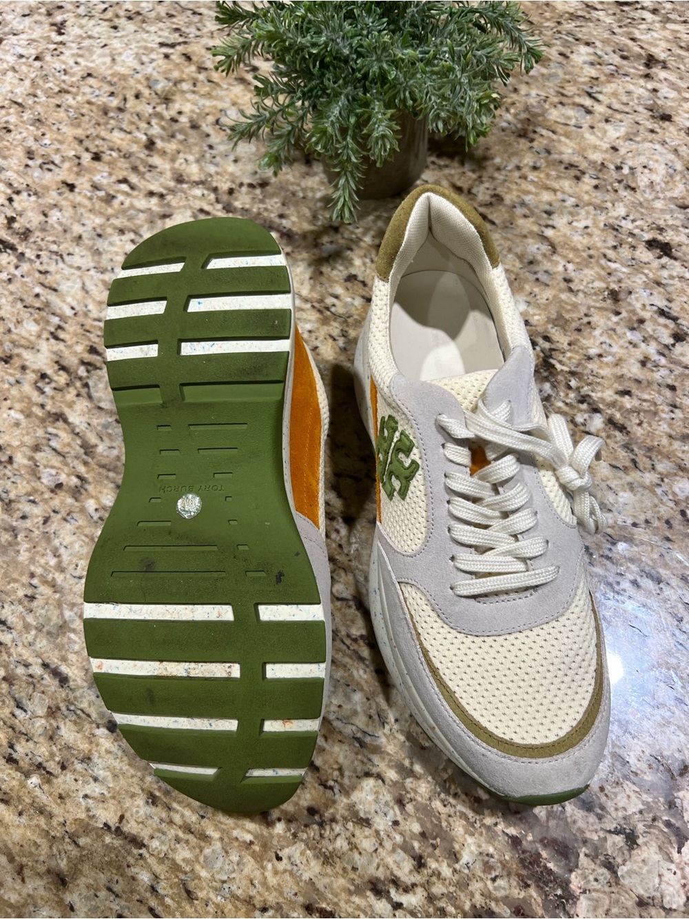 Tory Burch Good Luck Trainer Ivory Cream Vibrant Green w/ Speckles Sneakers 10 - Picture 10 of 11
